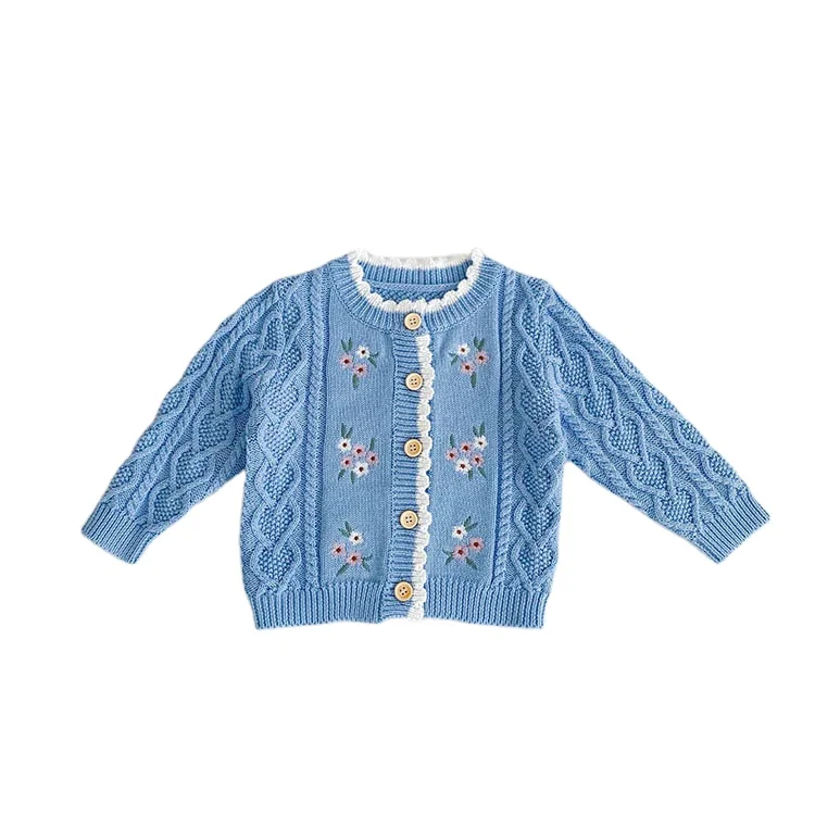 Wholesale Autumn And Winter Baby Girls Sweater Embroidery Flower Cardigan 100%Cotton Kids Sweater Outwear Coat
