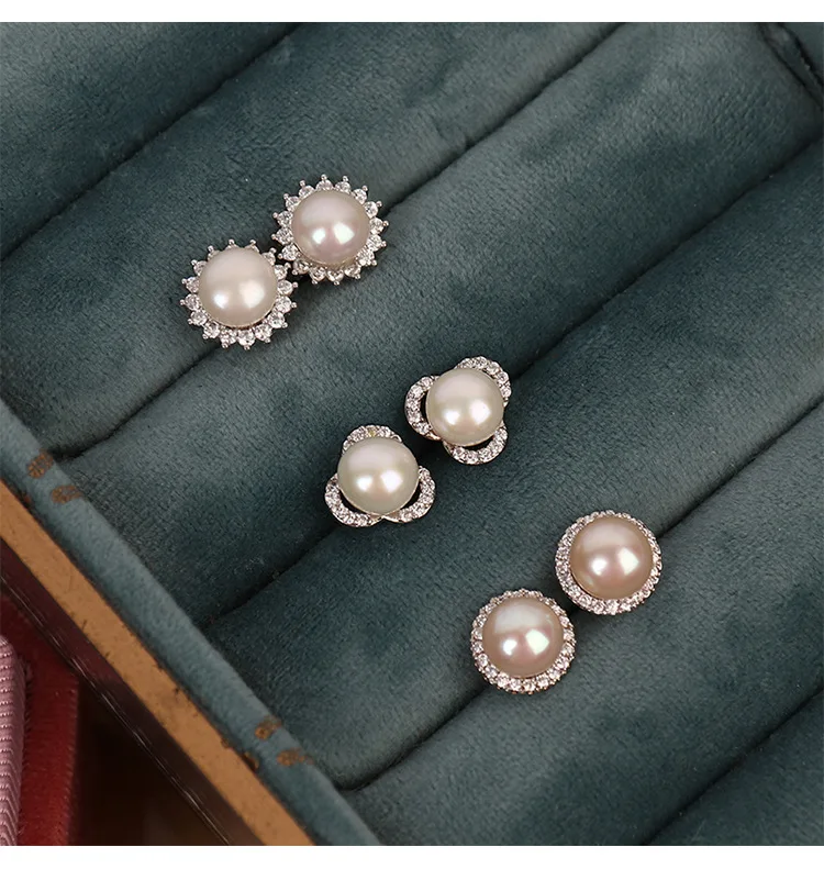 Wholesale S925 Sterling silver needle natural freshwater Pearl 8mm stud earrings set with diamond simple classic earrings