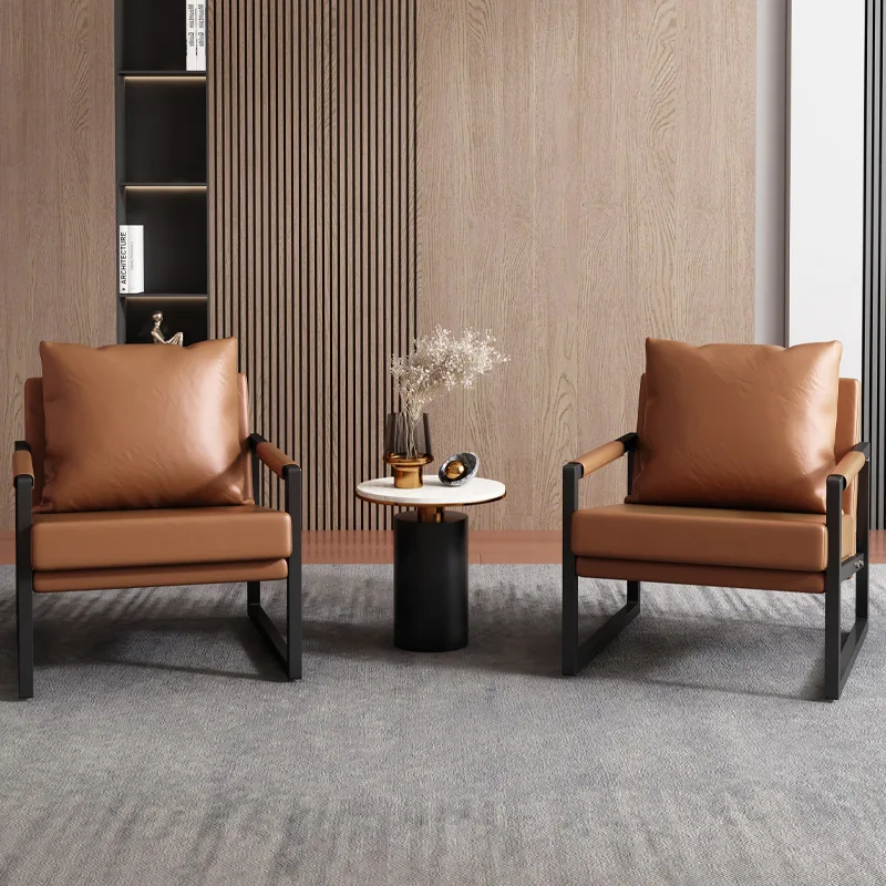 Modern Bedroom Furniture Design Gold Metal Frame Leisure Single Seater Sofa Lounge Brown Faux Leather Genuine Arm Chair