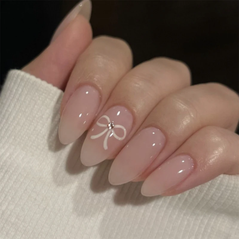Simple white bow fake nails short nude ins press on nails wholesale nail art supplier