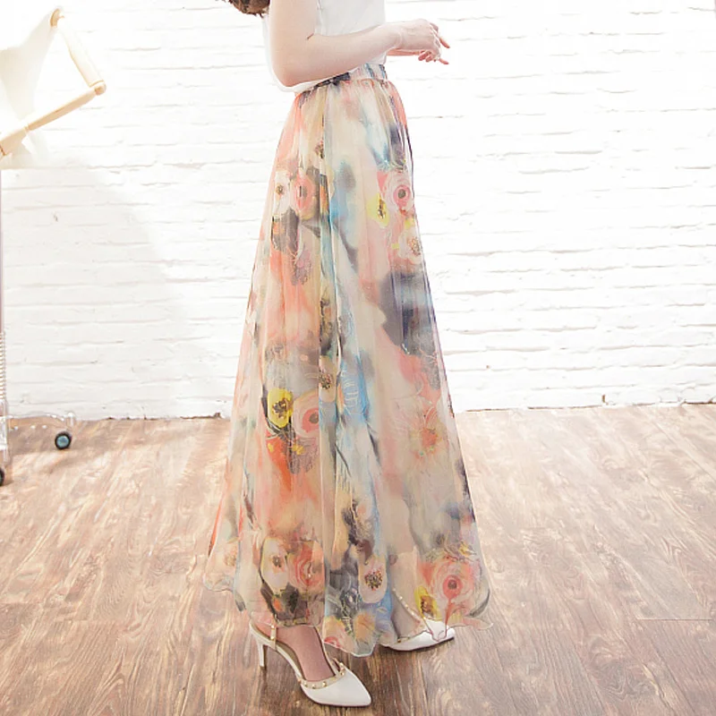2016 Spring Summer Vintage Bohemia Fashion Printed Skirt Maxi Women Full-Length Elastic High Waist Ladies Pattern Skirts