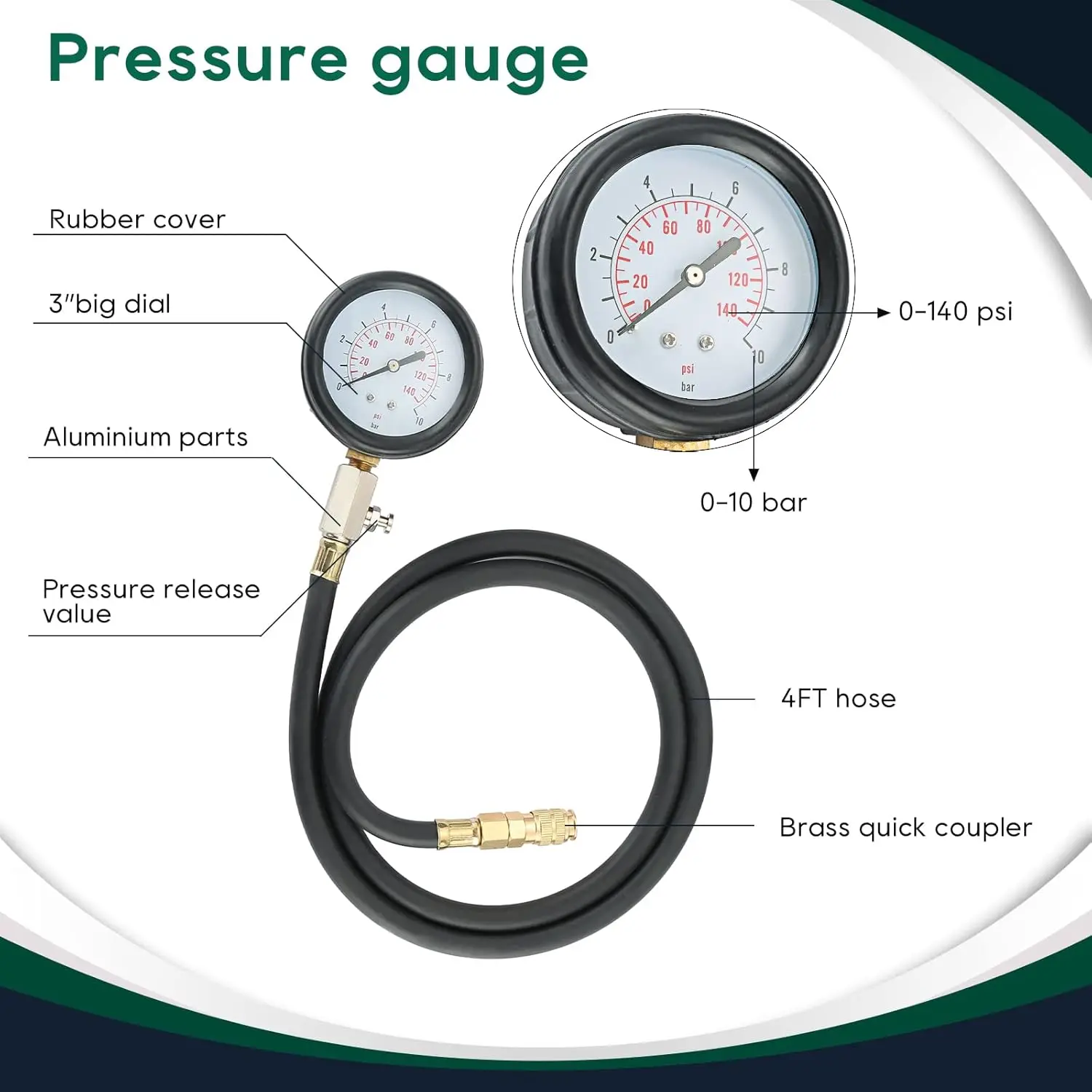 GTYPRO 0-140 PSI Oil Pressure Gauge Tool for Engine Diagnostic Test