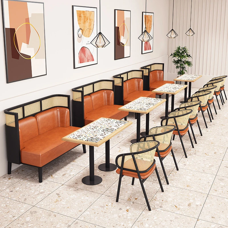 Cafe wall booth seat_Sofa  solid wood table and chair combination rattan hotel marble table_restaurant Furniture dining chairs