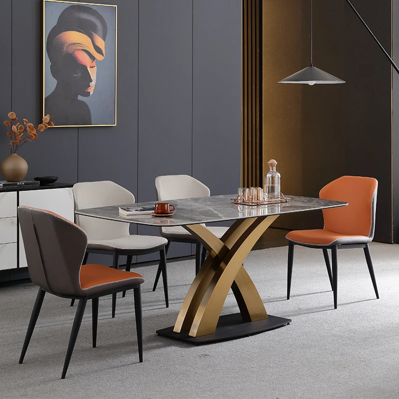Italian Luxury Design modern dining table Marble Effect Rock Plate Top 8 Seater dining table set