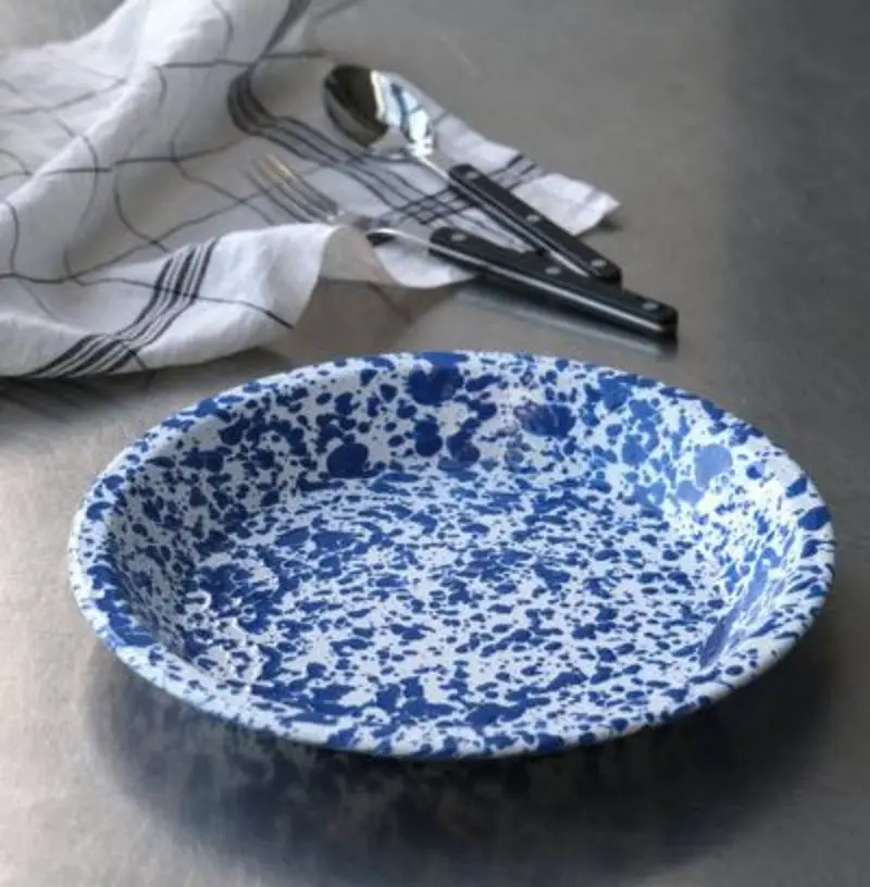 Hot sale food safe Custom Logo White Colored Splash Design splatter pattern Cast Iron Steel Enamel Dinnerware