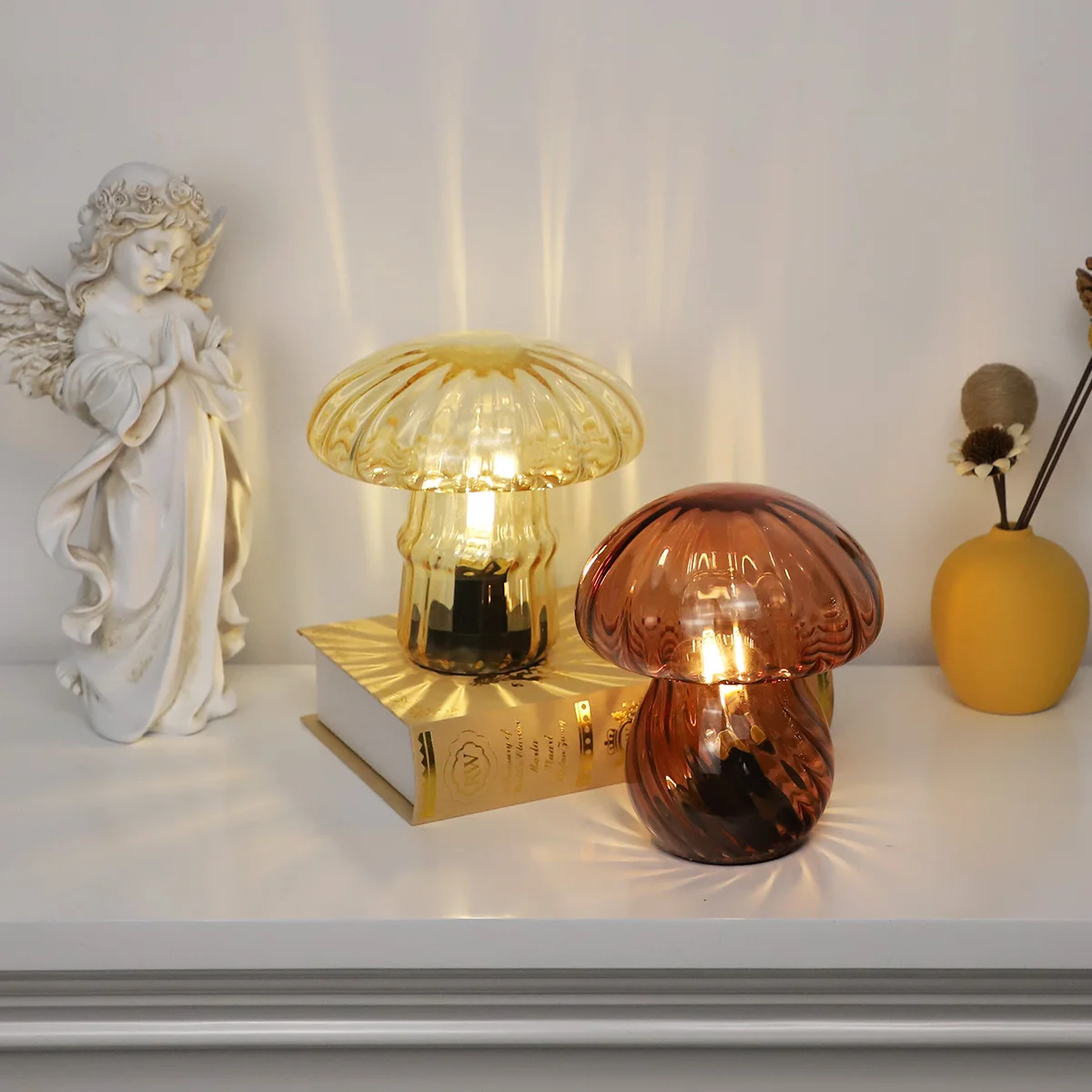 Mushroom Decor Battery Operated Led Light Table Ornament Festival Home Handmade Blown Glass Lamp Decoration