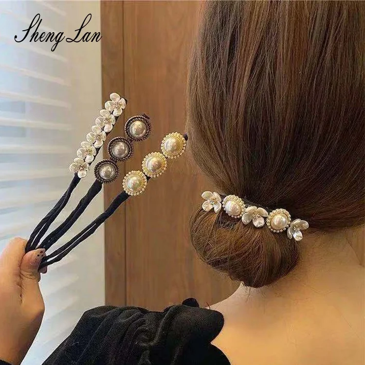 Shenglan  Pearl Flower Fluffy Ball Head Lazy Hair Stick Fashion Elegant Temperament Hair Ring