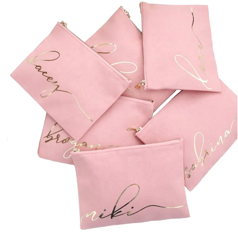 Custom Luxury Canvas Lady Hot Pink  Gold Glitter  Letter  Women  Gift Brush BagTravel Makeup Organizer  Zipper Logo Cosmetic Bag