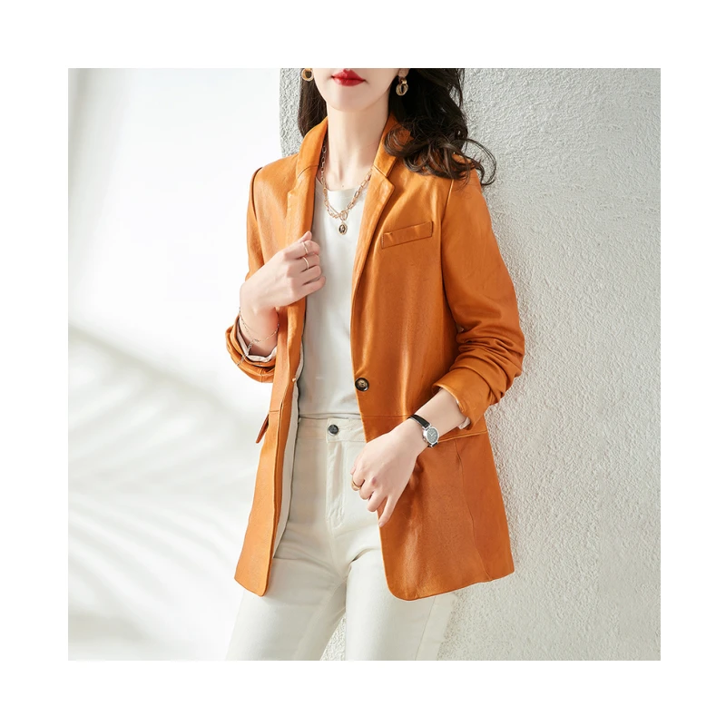 ladies spring middle long fashion orange single button real sheepskin leather genuine leather jackets vintage