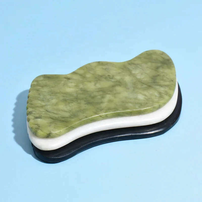 Cheap Custom logo Wave Black Gua Sha Visage Avec Logo White Jade Gua Sha Facial Tool With Teeth Dark Green Jade Guasha Stone