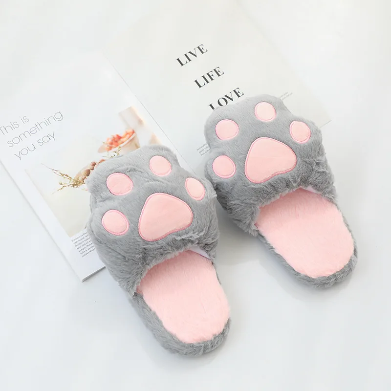 Fuzzy Plush Slippers Cats Pad Cartoon Animal Pink Grey Bear Paw Black Girls Anti-slip Indoor Floor Shoes