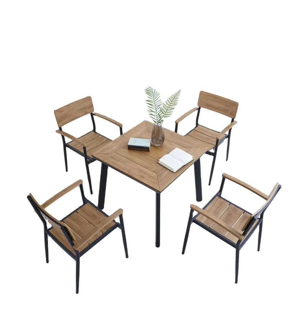 TG Modern Design Outdoor Garden Dining Set Waterproof Wood and Plastic Stack Chairs with a Colorful Wood Table