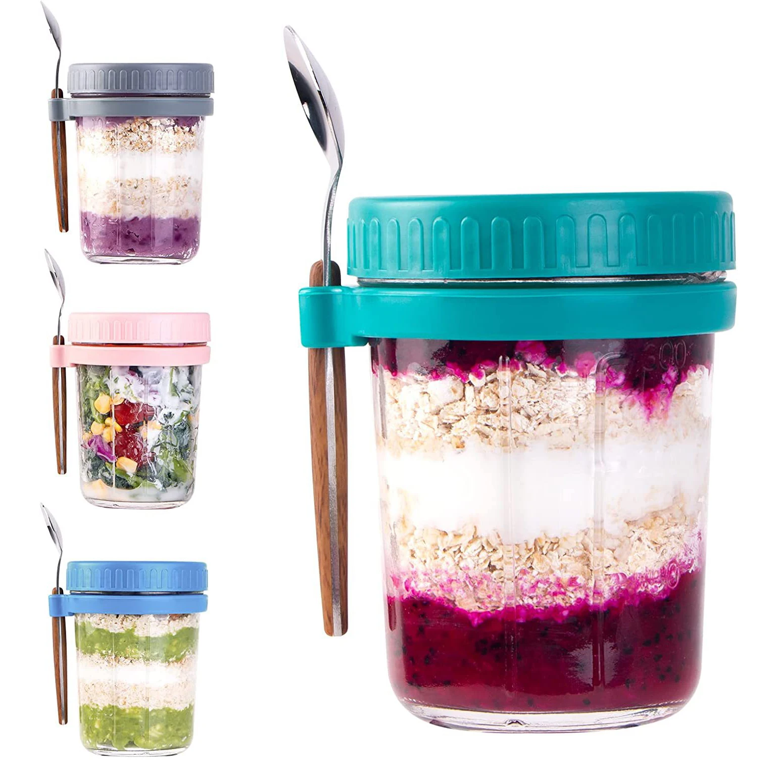 DS1918 Overnight Oats Glass Jars Oatmeal Portable Container With Lid And Spoon Breakfast Yogurt Milk Cup Set With  Lid And Spoon