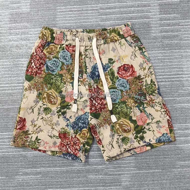 Custom hemp embroidery linen jacquard weave tapestry shorts for men