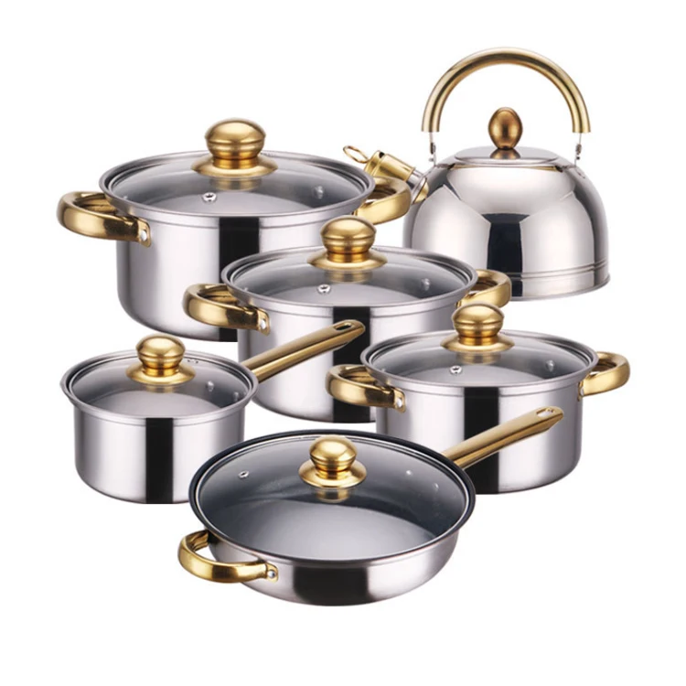Stainless steel pot set non-stick pan 12-piece set gold-plated handle stainless pots cookware set kitchen