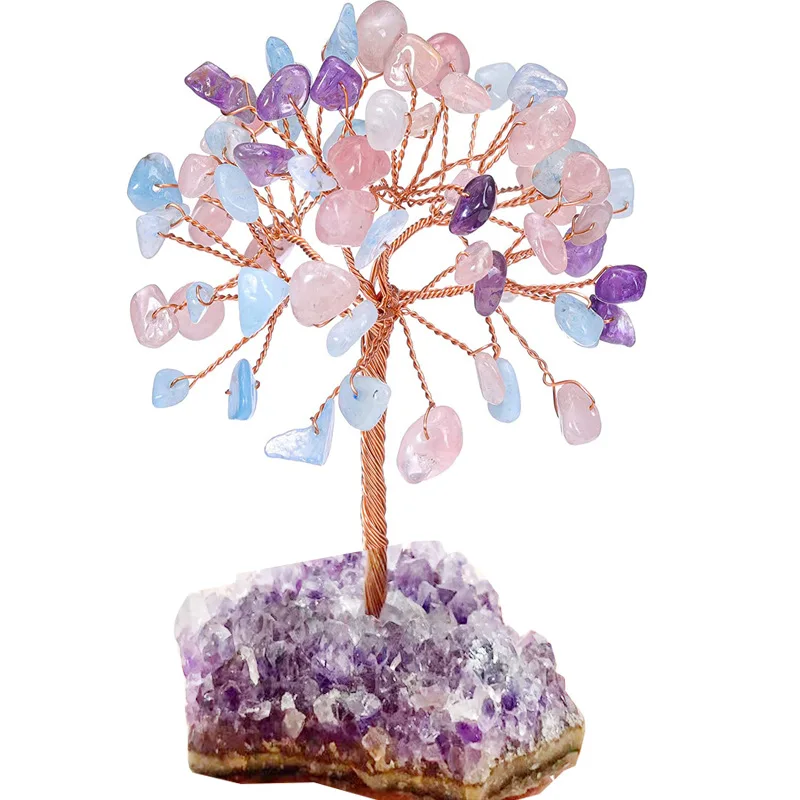 Natural Crystal Crafts 7 chakra Amethyst cluster healing Tree Lucky Fortune Gemstone Crystal Tree