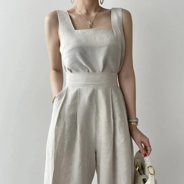 LN039 2022 Korean style elegant square neck tank top wide leg women playsuits plus size one piece jumpsuit bodysuits