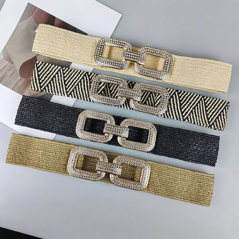 hot sale  PP  grass like knitted wide kick lock alloy buckle with shinning stone decoration fashion dress belt