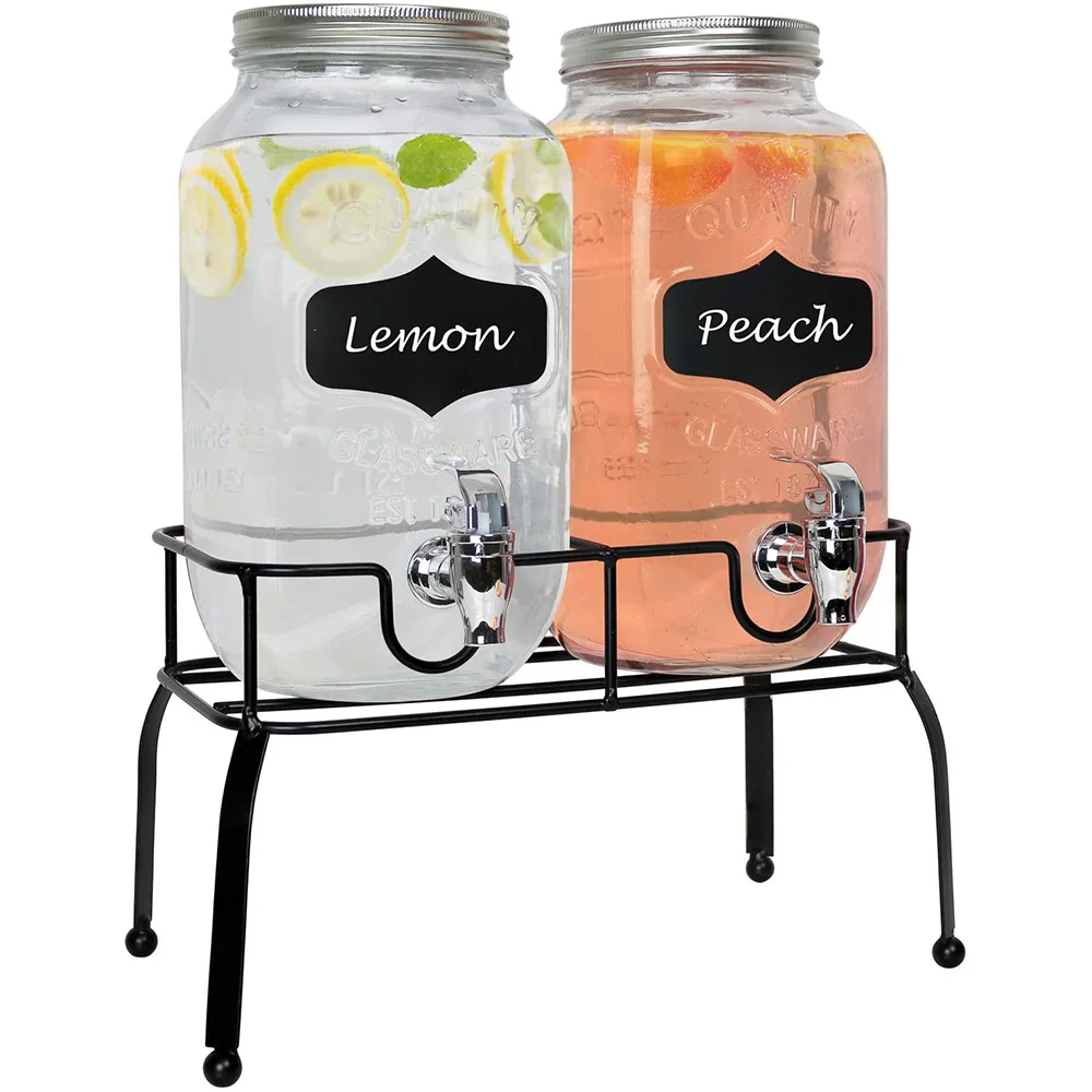 2 Mason Jars Glass Bottle Juice Dispenser Beverage Beer Drink Dispensers With Metal Stand