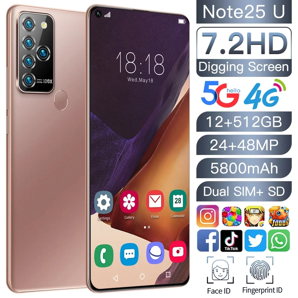 Смартфон Note25U 12 Гб + 512 экран 7 2 дюйма Android 10 0 телефон смартфон с разблокировкой по
