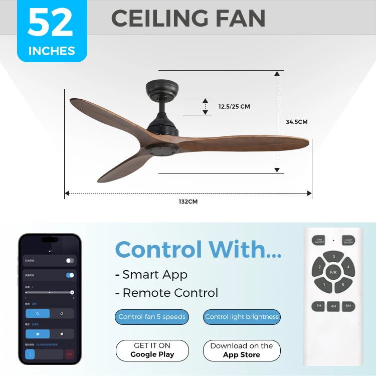 Factory direct dc ceiling fans prices timer select 5 speed tuya wifi smart wooden ceiling fan with remote