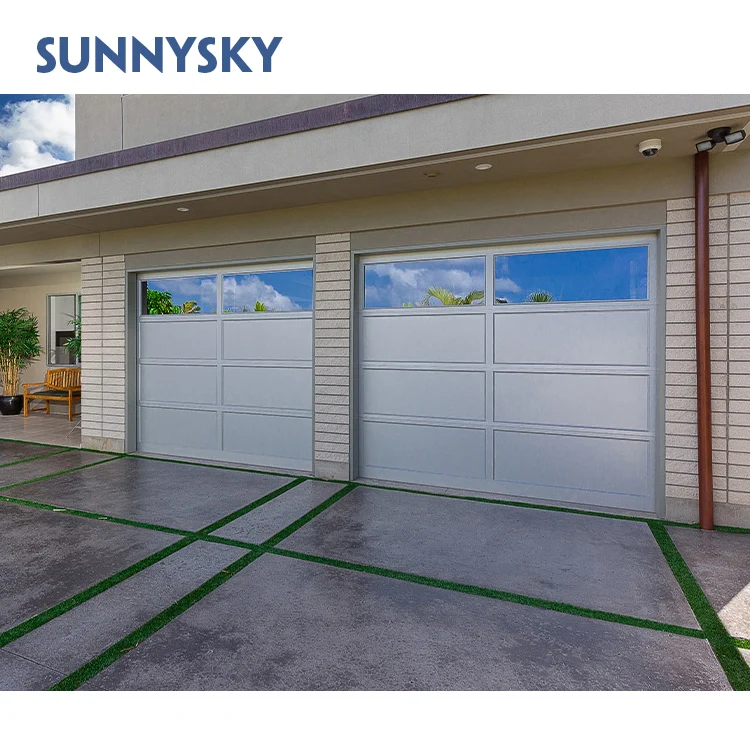Sunnysky 16x8 Tempered Mirror garag door glass Automatic Sectional Commercial Aluminum Frameless Double Garage Doors