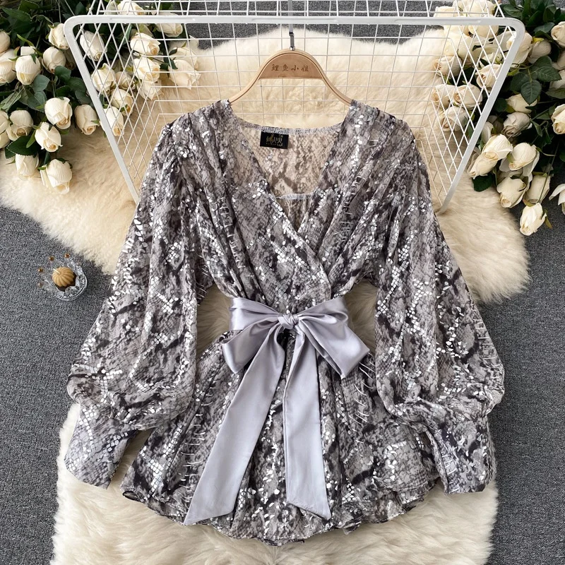 New vintage fashion ladies elegant shirt tops belted women sexy V neck snake print puff sleeve blouse