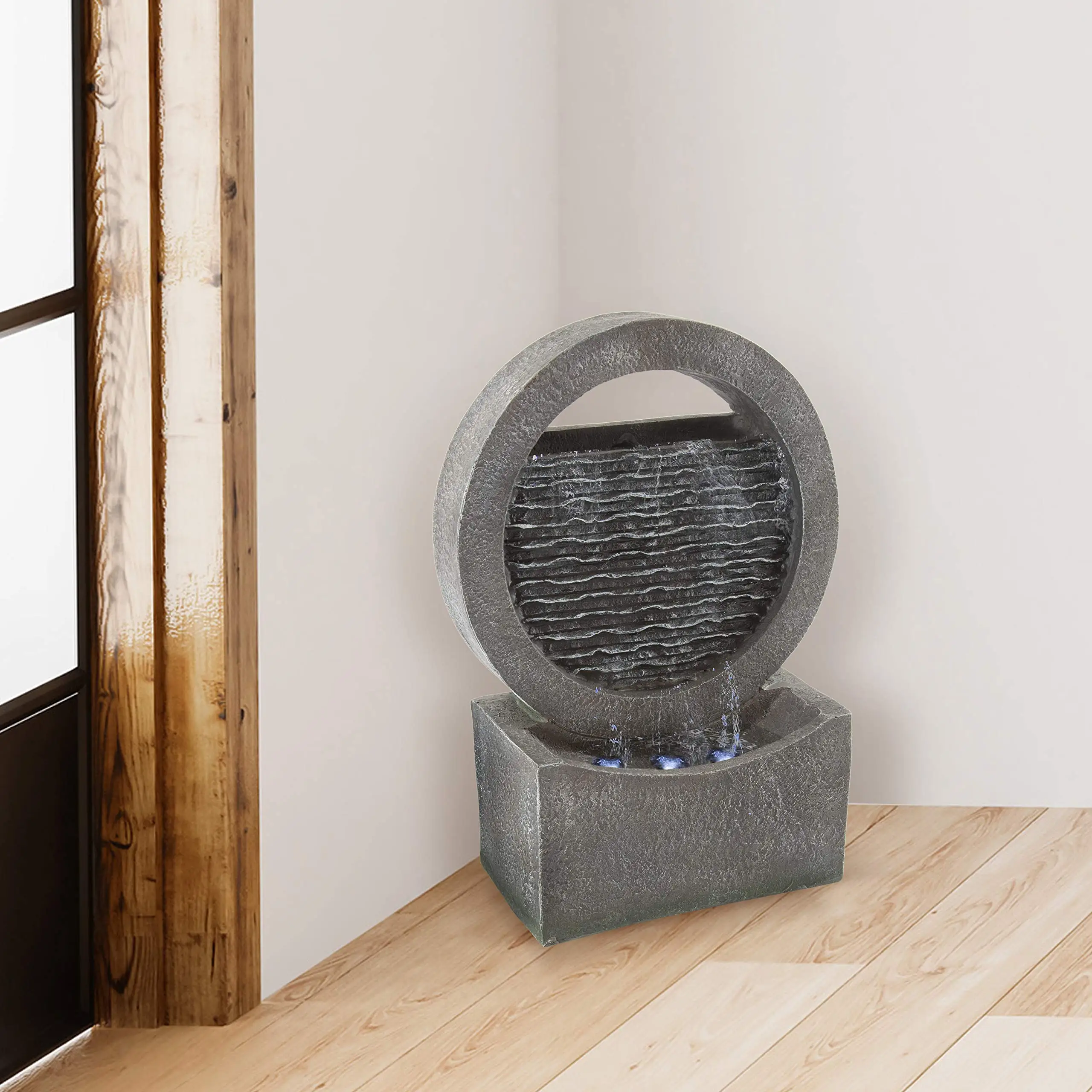 Round Cascade Outdoor Fountain - 18.5-Inch Modern Polyresin Waterfall with Stone Wall Design and LED Lights for Garden Fountains