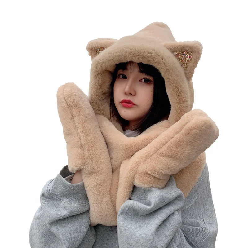 Wholesale 3 in 1 Warm Woman Plush Fluffy Cartoon Winter Hats Scarf Mitten Gloves with Pockets Hoodie Hat Long Wraps