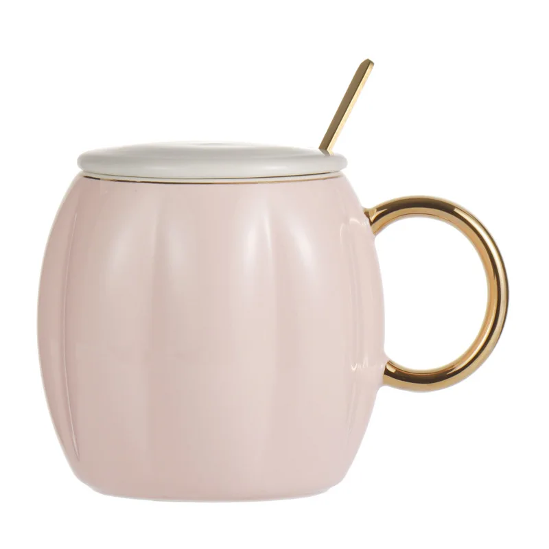 Nordic Light Luxury Gold Handle Pumpkin Mug Net Red Couple Water Cup With Lid Spoon Personality Large Capacity Ceramic Cup