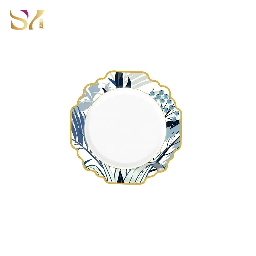 New Arrival Antique Cheap Blue Charger Plates Porcelain  4pcs Plate Set With Gold Rim