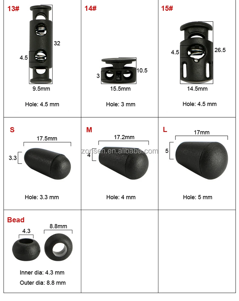 Many Sizes Wholesale Black Plastic Cord Lock Nylon Spring End Toggle Clip End Stopper For Clothing Bags Shoes