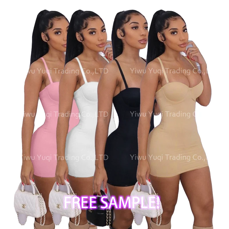 Free Sample Women Summer Low Cut Spaghetti Strap Solid Nude Dress Push Up Spandex Tight Stretch Bodycon Mini Dress