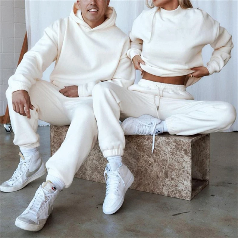 Wholesale Winter Spring Solid Casual Tracksuit Women Fleece 2 Pieces Set Couples Sweat Suit