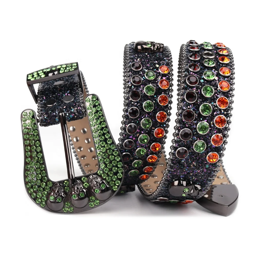 Cowboy&Cowgirl High-Key Colorful Bling Crystal Skull Belt Rhinestone Y2K With Green and Orange