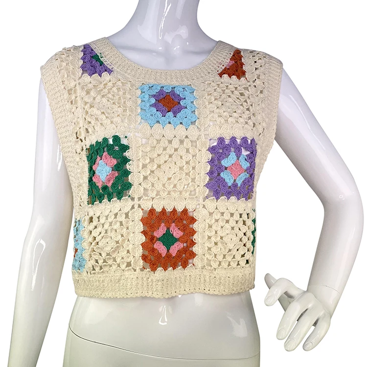 Plaid Sleeveless Crochet Vest  Women Style Sweater Top customize Crochet Clothing Popular Crochet Tank Top
