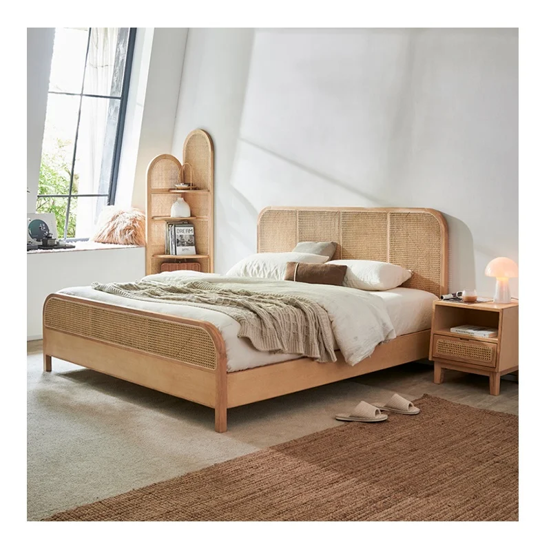 hot sale midcentury asian Japanese solid wood with real rattan bedroom furniture set queen king size bed