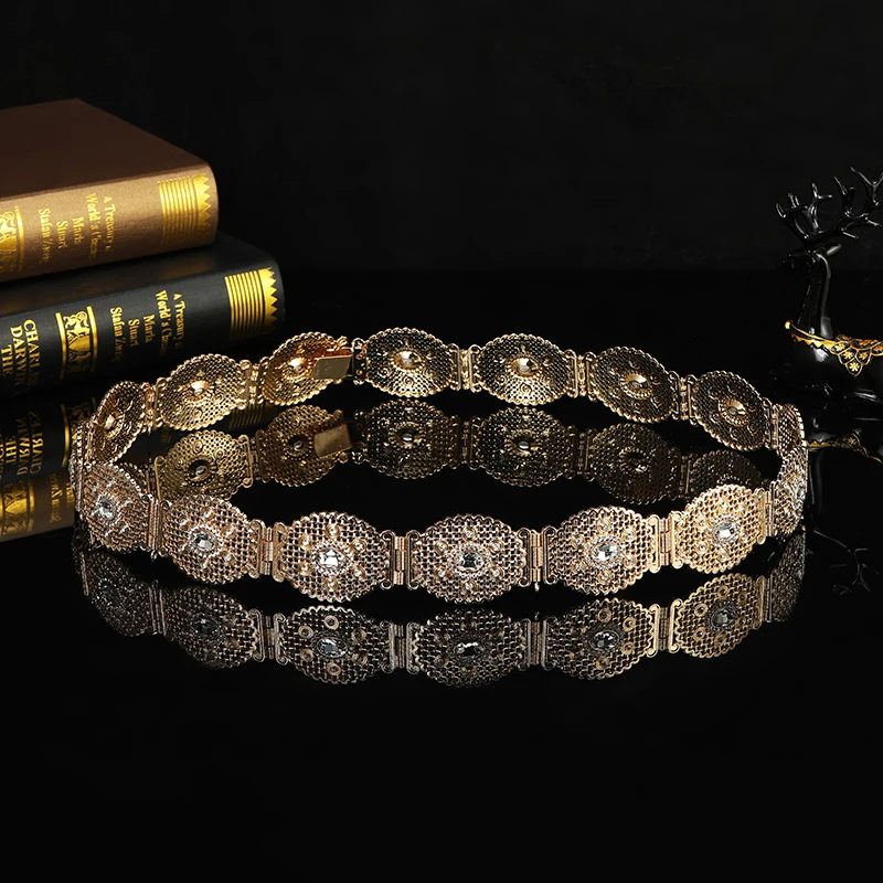 The traditional Moroccan style zinc alloy rhinestones belt gold plated waist jewelry caftan jewelry Algerian wedding belt