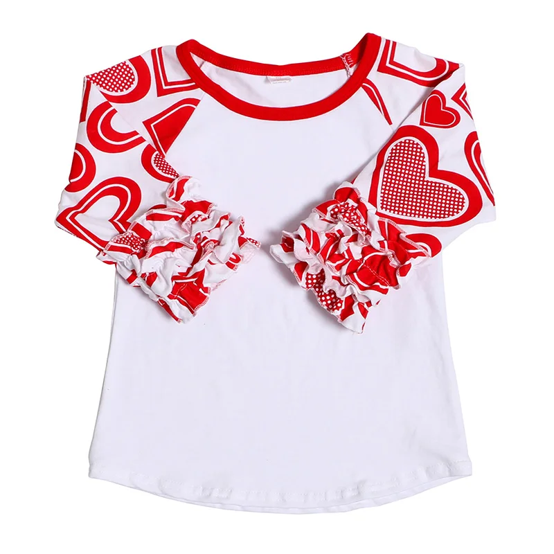 Rarewe Best Selling Girls  Round Neck Cotton Pullover Baby Ruffle White Red Boutique Love Heart Print Baby Sweatshirt