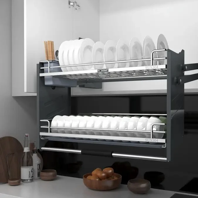 Kitchen Double Pull Down Drawer Pull Down Basket SUS304 Kitchen Pull Down Cabinet