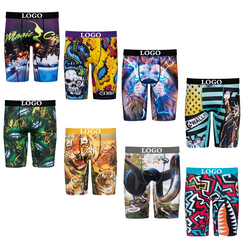 new Custom Logo Design Printed Mens Long Leg Sports Shorts Jacquard Waistband Sublimation Blank Custom Boxer Briefs Underwear
