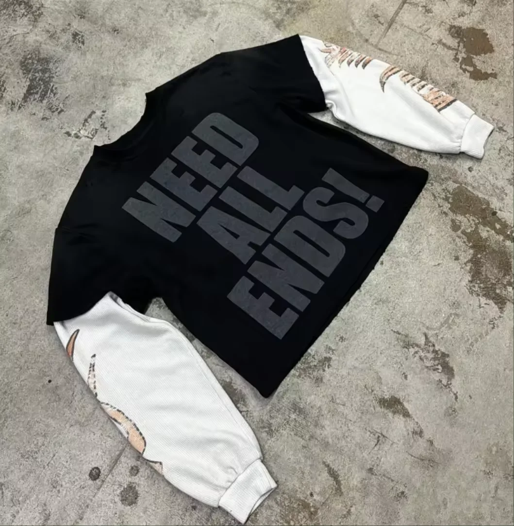 Hot Selling Street Style Custom Logo Screen Print Shirt Street Wears  Double Layers Thermal long Sleeve Pullover Shirts