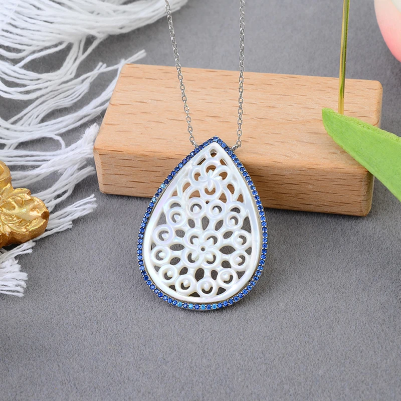Ladies Classic Jewelry Natural White Shell Water Drop Hollow Shape Pendant 925 Sterling Silver Necklace Chain