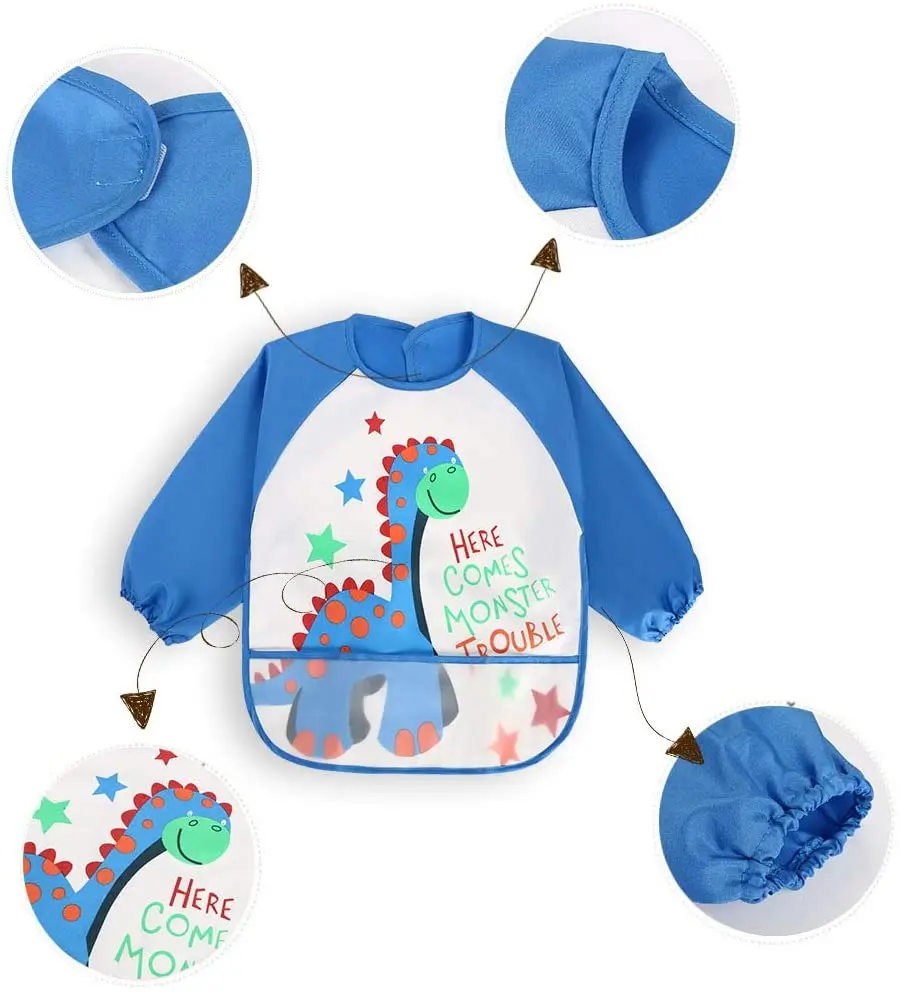 Waterproof feeding arts craft painting apron front pocket children long sleeve bibs