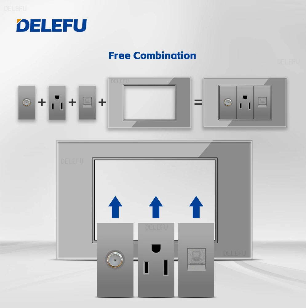 DELEFU glass grey panel American Standard series 118*74mm wall computer combination socket switch
