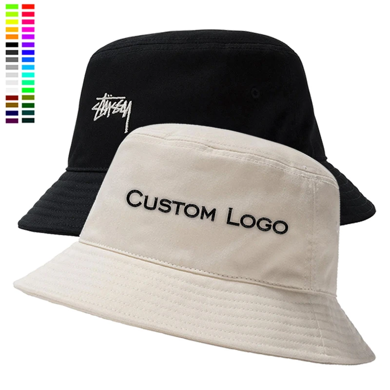 Custom Embroidery Logo Solid Color Cotton Bucket Hats, Wholesale Women Men Summer Vacation Travel Beach Fishmen Bucket Hat.
