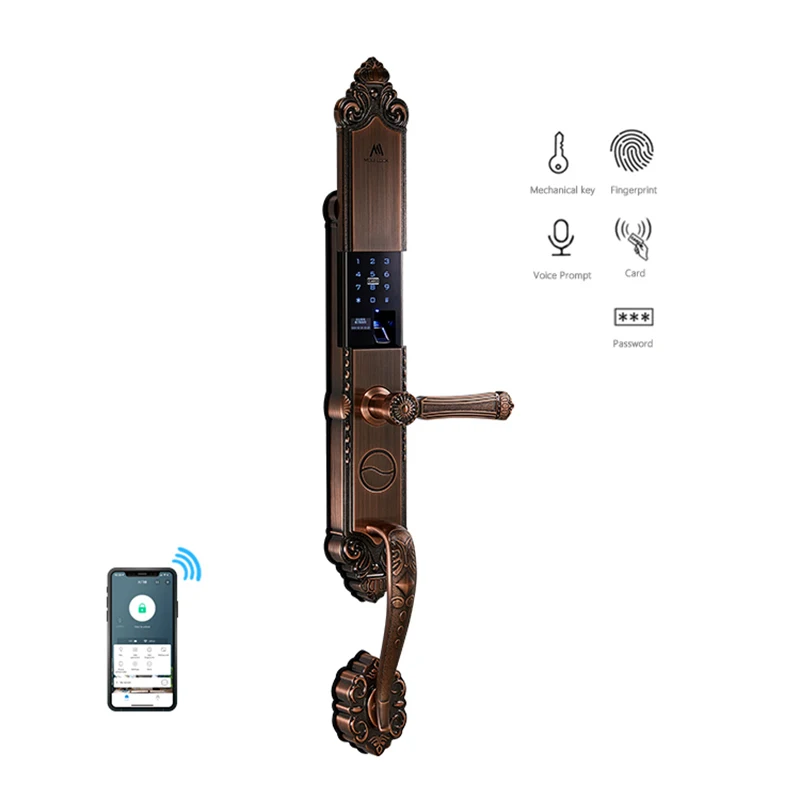 Elegant Interior wood main door models smart door lock oem app fingerprint code card door lock