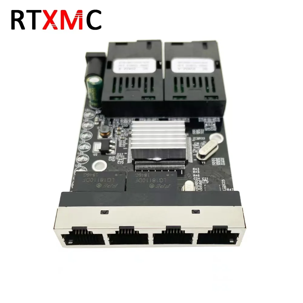 RTXMC Factory Supply Fast 155M reverse poe switch pcb board 2SC 4RJ45 fiber optic media converter 10/100Mbps 2FO 4LAN