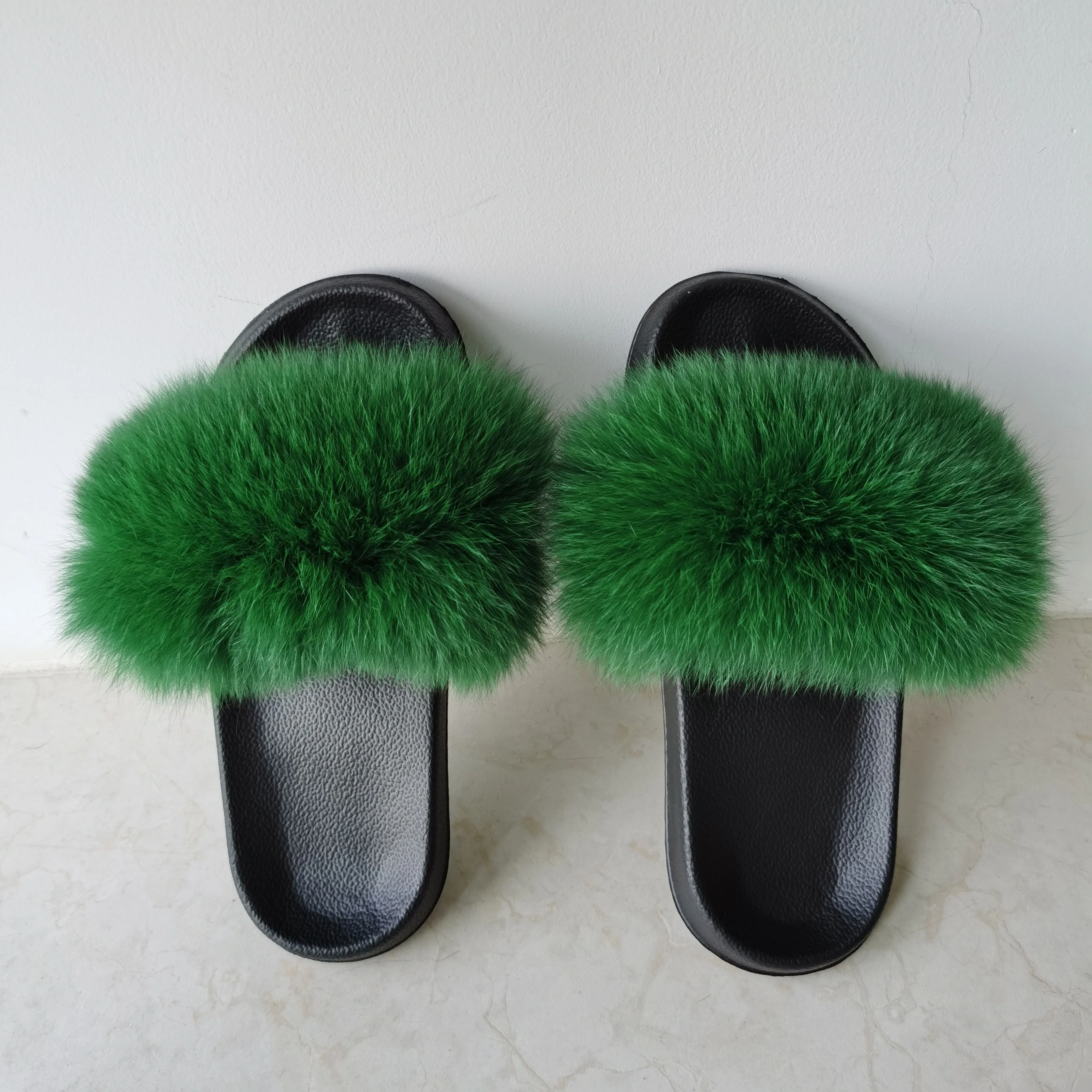 Wholesale EVA Sole Green Furry Fur Slides Sandal Colorful 100% Real Natural Fluffy Fox Fur Slipper For Women