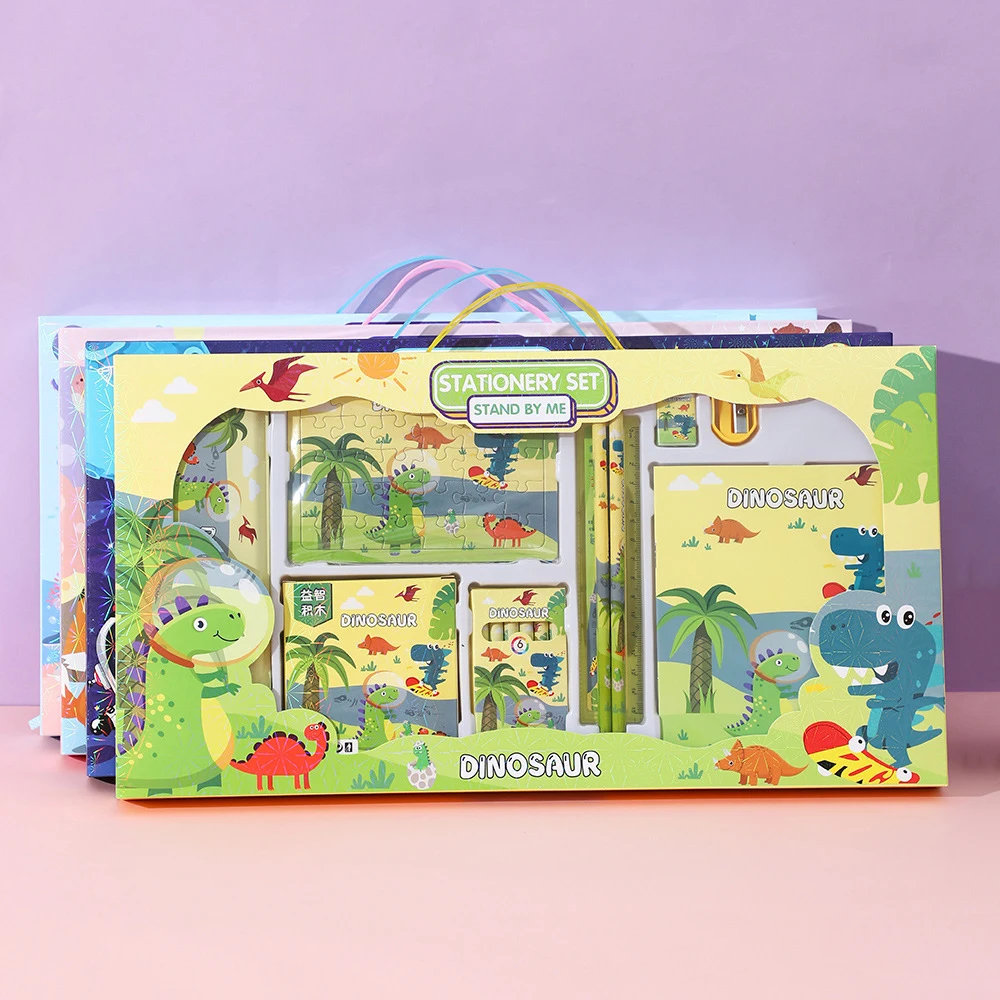 15 Pieces Cartoon Birthday Gift Set Educational Kids Stationery Gift Set With Crayons Building Blocks Puzzles